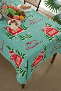Detailed Christmas tablecloth with green house patterns and Merry Christmas text decor