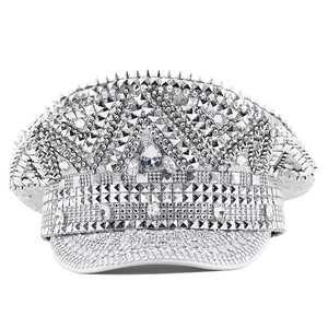 Silver sequin military hat with sparkling rhinestones and metal studs for party events