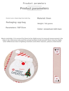 Detailed view of burlap Christmas table runner featuring Santa Claus and striped borders