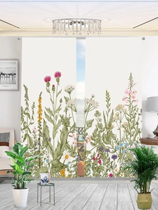 Detail of white blackout curtains with colorful floral botanical hand-drawn illustrations