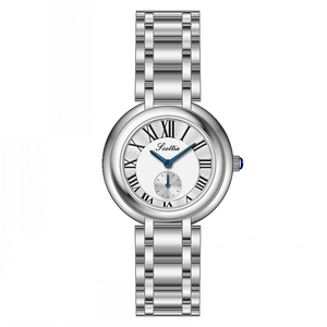 Montre classique en acier argenté pour femme avec chiffres romains et aiguilles bleues