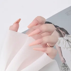 Détail des faux ongles ballerine longs rose poudré mat sur une main élégante