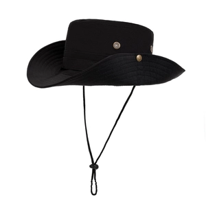 Men's wide brim black sun hat with breathable vents and adjustable chin strap