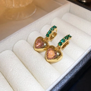 Vintage heart shaped earrings with pink zircon stone and green gems on golden hoop