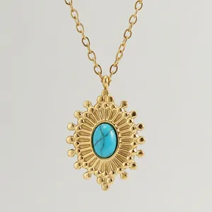 Vintage Stainless Steel 18K Gold Plated Sunburst Pendant Necklace with Artificial Turquoise Stone for Women Bohemian Fashion Jewelry
