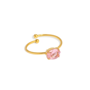 Adjustable 18K gold stainless steel ring featuring a pink oval zircon stone on white base