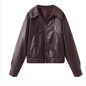 Women's vintage burgundy faux leather jacket with lapel collar and zipper closure