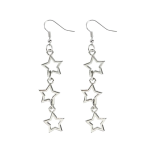 Silver hollow star drop earrings with dangling linked pentagrams for women