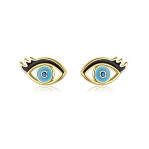 Minimalist S925 silver eye stud earrings with blue enamel and sparkling zircon accents