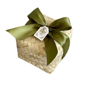 Handmade bamboo gift box with olive green ribbon and pearl Thank You tag