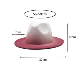 Size guide for white and burgundy gradient fedora hat showing dimensions and brim width