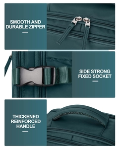 Detalles de las cremalleras, hebilla lateral y asa reforzada de la mochila de viaje verde