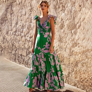 Women Floral Print Swimsuit And Tiered Maxi Skirt Vacation Beachwear Ruffle V Neck Polyester Spandex