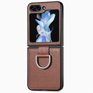 Brown leather texture phone case for foldable screen with metal ring holder and precise cutouts