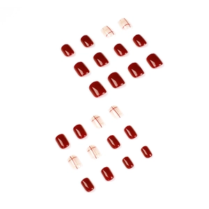 Burgundy and red grid press-on nails in medium square round shape on white background