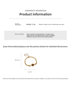 Detail specifications of a gold plated bracelet with tiger eye stone and zircons