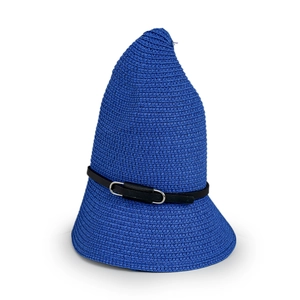 Detailed top view of blue woven sun hat featuring a black leather belt with metal buckle