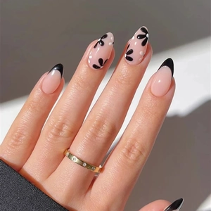Almond Press On Nails Black French Petal Elegant Fashion Nude Pink Wearable Fake Nails For Women Daily Dating Style