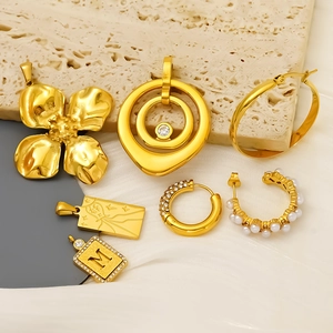 Stainless Steel Hoop Earrings And Pendants Gold Plated Artificial Pearl Rhinestone Flower Geometric Letter M Jewelry For Women