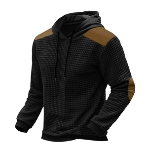 Men's waffle knit hoodie with contrast brown patches and front pocket on white background