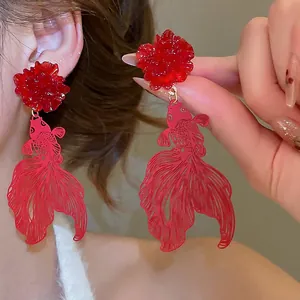 New Chinese style red resin flower and hollow koi fish drop earrings for women