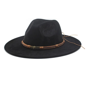 Black faux suede western cowboy hat with brown leather band and skull metallic buckle