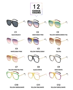 Grid layout showing 12 color options of stylish pilot sunglasses with metal bridge details