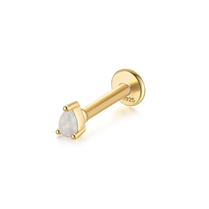 Detail of S925 sterling silver ear stud featuring a gold teardrop opal stone setting