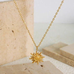 18K gold plated titanium steel necklace with a minimalist sunburst pendant for women
