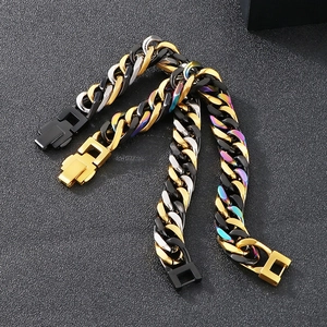 Chunky stainless steel Cuban link bracelets in gold, black, silver, and iridescent finishes