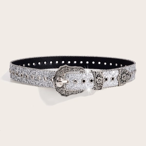 Vintage silver sequin belt with star rivets and engraved floral buckle for women