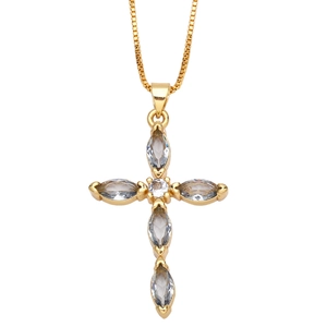 Detail of gold cross pendant featuring marquise-cut zircons on a classic box chain