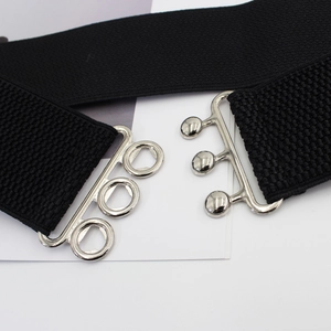 Wide black elastic waist belt for women with silver three-hook metal buckle decoration