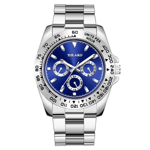 Men's silver stainless steel business watch with blue dial and chronograph display