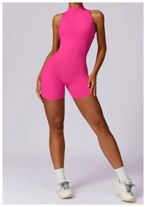 Detail of magenta sports romper with half-zipper stand collar and high-stretch fit