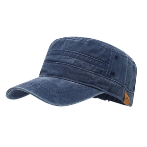 Distressed navy blue washed cotton cadet hat with mountain leather patch and flat top