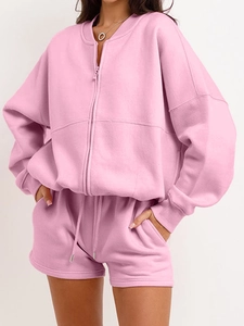 Women's pink zip-up sweatshirt and drawstring shorts two-piece casual lounge set