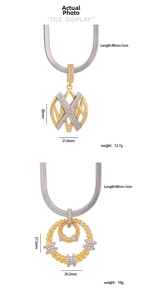 Detail view of geometric and double-ring necklaces with zirconia and dimensions display