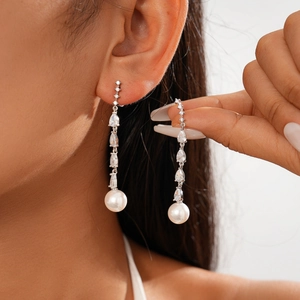 Teardrop Zircon Dangle Earrings Copper Imitation Artificial Pearl With 925 Sterling Silver Earring Post Elegant Wedding Jewelry