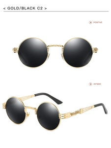 Detail of round steampunk sunglasses with gold metal frames and black polarized lenses