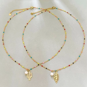 Stainless Steel Necklace For Women With Colorful Enamel Beads White Artificial Pearl And Plant Leaf Cactus Pendant Bohemian Jewelry