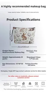 Linen Easter makeup bag with zipper 17x25cm showing floral rabbit print details