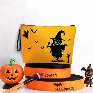 Halloween cosmetic bag with scarecrow and bat prints, zipper and handle, festive theme