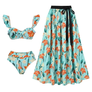 Bikini Da Donna Con Stampa Floreale Top Con Volant Vita Alta E Gonna Maxi Coordinata Elegante Costume Da Bagno
