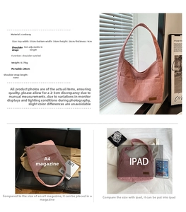 Detailed view of pink corduroy tote bag showing dimensions 35x30x26cm and capacity