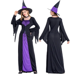 Detailed front and back view of a black and purple lace-up witch costume with hat