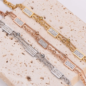 Minimalist double-layer stainless steel chain bracelet with gold and silver zircon charms