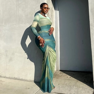 Slim fit long sleeve dress with green gradient tie-dye pattern and pleated texture