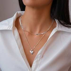 Double layered silver heart pendant and flat snake chain necklace set for women
