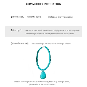 Detailed size specifications for the vintage turquoise beaded necklace with drop pendant
